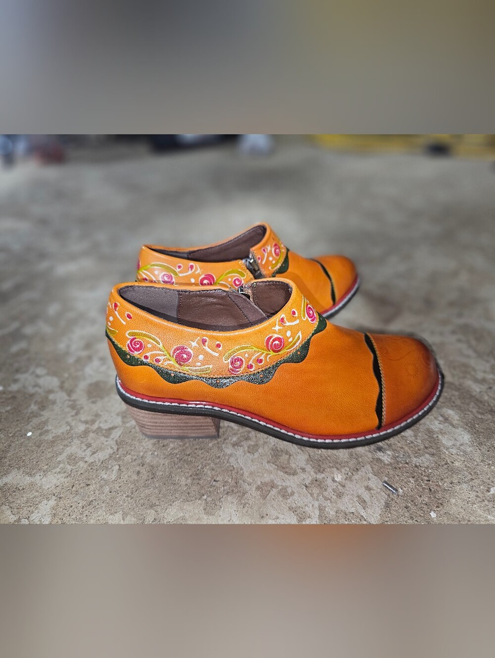 Orange Embroidered Leather Ankle Shoes - Women